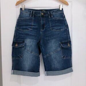 New FLAMINGALS Dark Wash Jean Shorts Stretch M 6 8 Inseam 12" NWOT